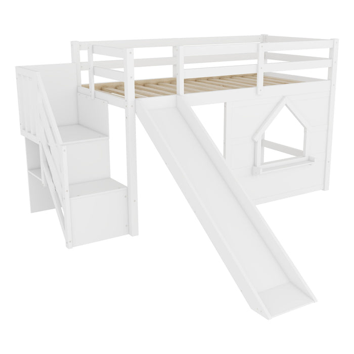 Loft Bed With Storage Stairs, Slide, Playhouse Window And 7 Colors LED Lights Home Essentials