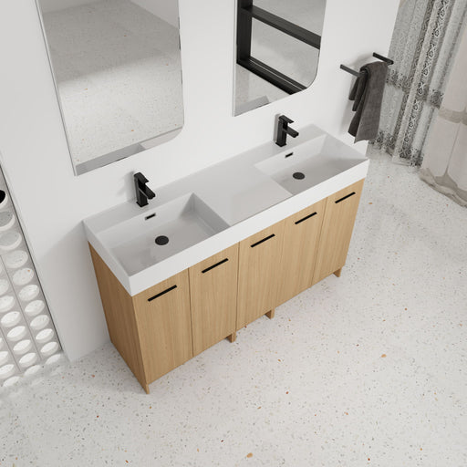 Double Sink Bathroom Vanity With Extra Large Storage, Integrated Sink, Freestanding Cabinet, Soft Close Doors - Glossy White / Light Oak Home Essentials