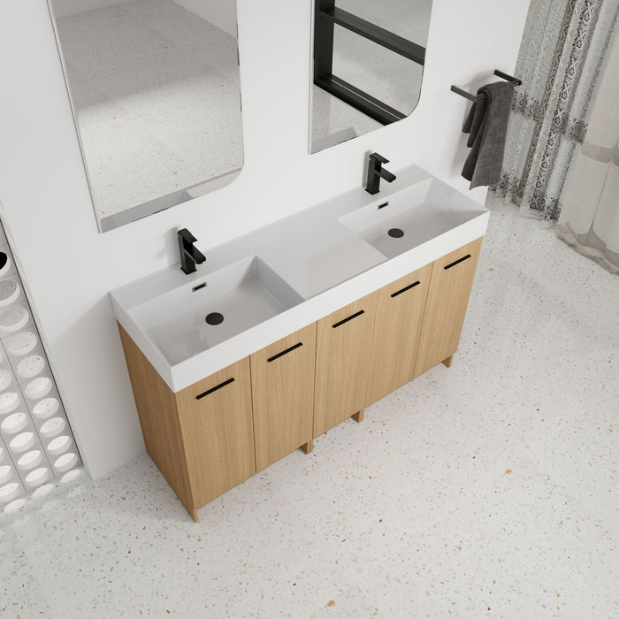 Double Sink Bathroom Vanity With Extra Large Storage, Integrated Sink, Freestanding Cabinet, Soft Close Doors - Glossy White / Light Oak Home Essentials