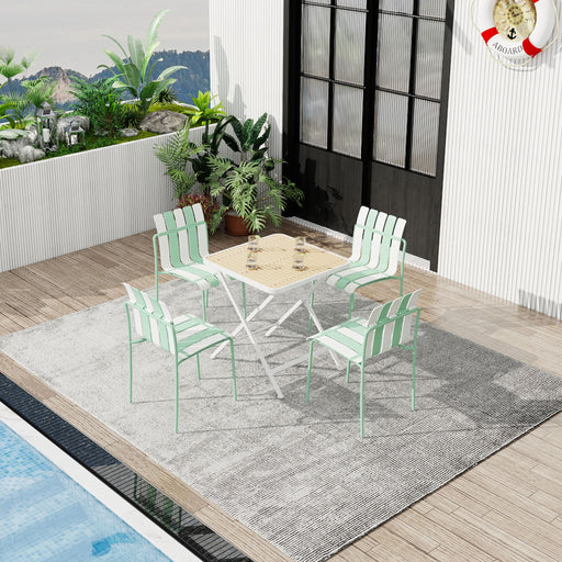 4 Piece Set Of Color Block Designed Single Chairs, Folding Square Table - Haze Green / Khaki / White Home Essentials