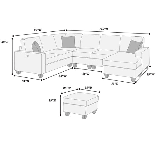 Left Arm Facing Loveseat With USB Port And Storage Sectional Set With Corner Wedge Armless Chair And Cocktail Ottoman - Fog Home Essentials