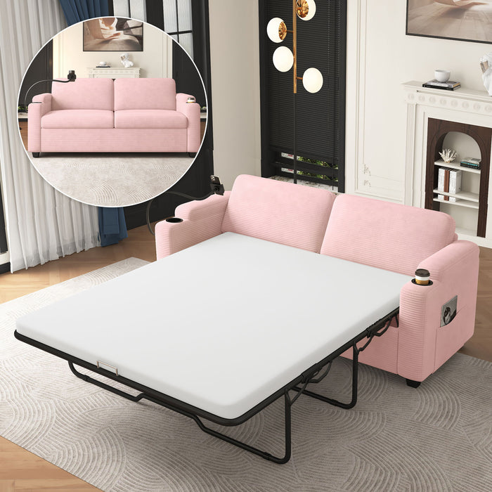 Sleeper Sofa Loveseat Sofa With Full Size Mattress, 2 USB Ports, 2 Cup Holders, 2 Side Pockets And Phone Holder Hearth and Haven