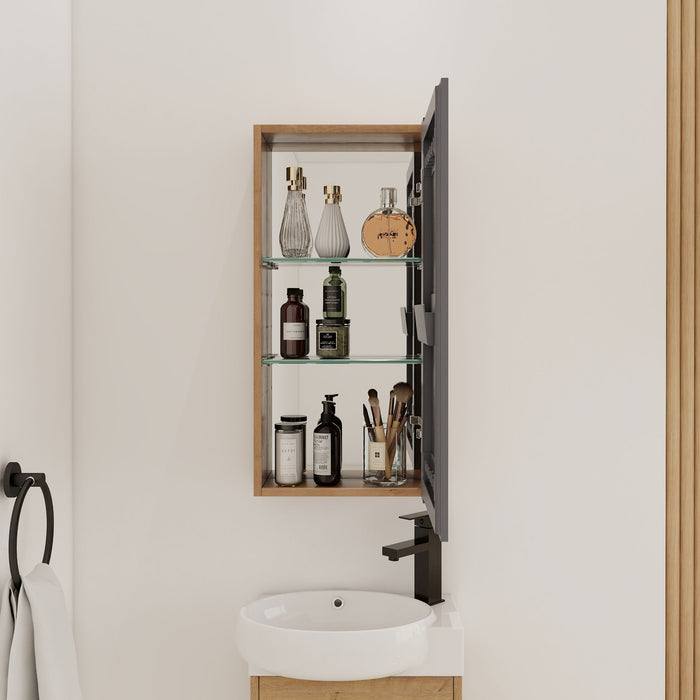 14" Bathroom Mirror Cabinet With Adjustable Shelves, Wall Mounted Medicine Storage Cabinet Frame With Soft Closing Hinges - Imitative Oak Home Essentials