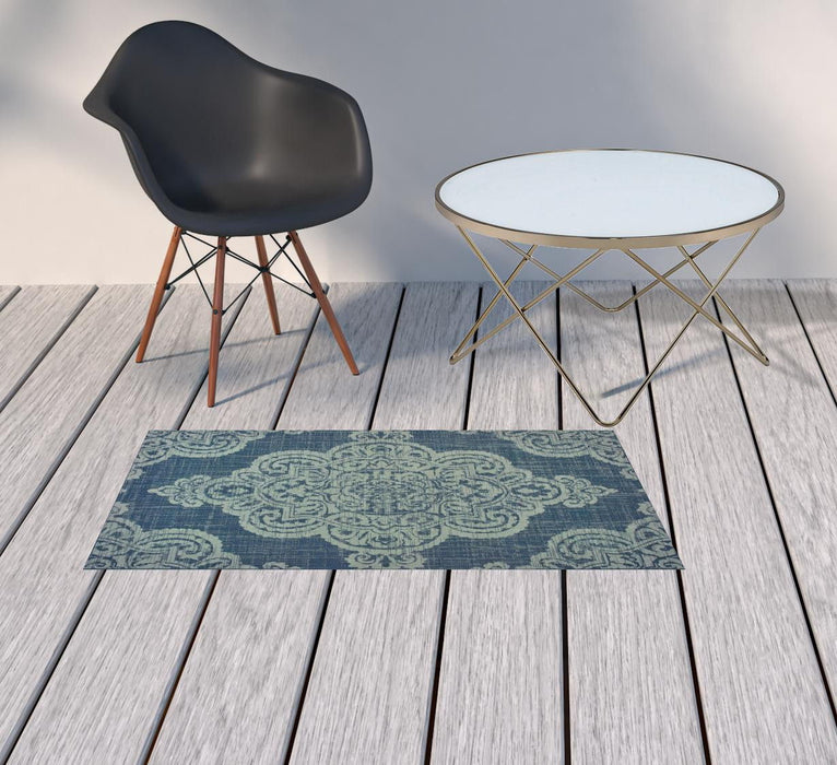 2' X 4' Oriental Stain Resistant Indoor / Outdoor Area Rug - Blue