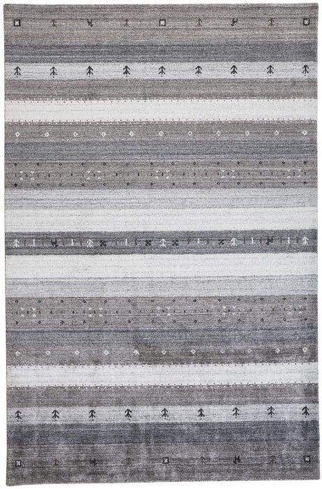 Striped Hand Knotted Stain Resistant Area Rug - Gray Silver And Black Wool - 8' X 10'