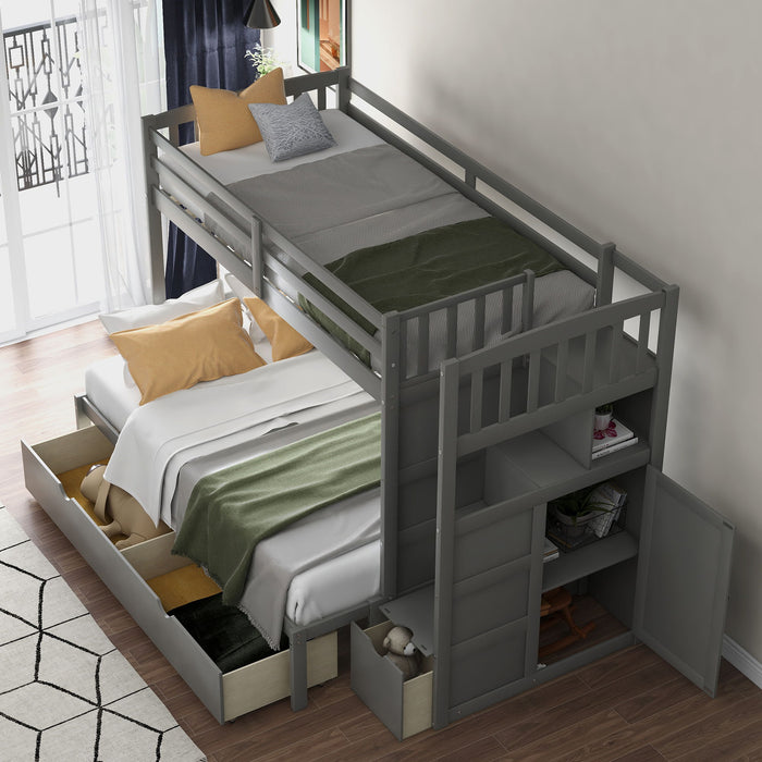 Bunk Bed, Convertible Bottom Bed, Storage Shelves And Drawers