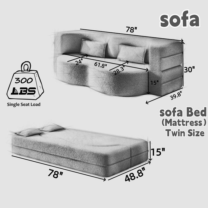 Modern Floor Sofa With 2 Pillows, Convertible Twin Size Folding Mattress For Living Room