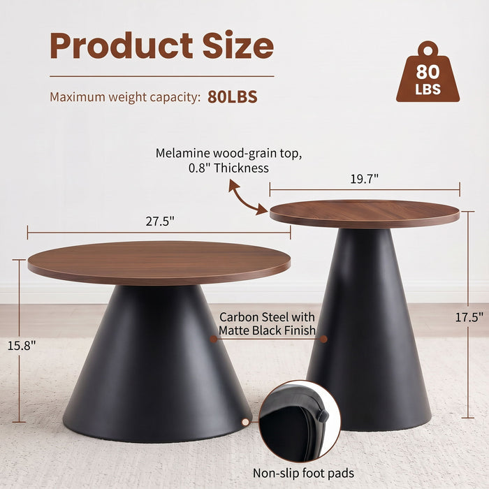 Nesting Coffee Table, Adjustable Foot Pads For Living Room (Set of 2) - Walnut / Black Home Essentials