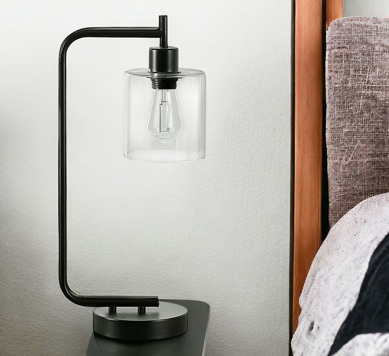 Metal Round Arched USB Table Lamp With Clear Drum Shade - Black