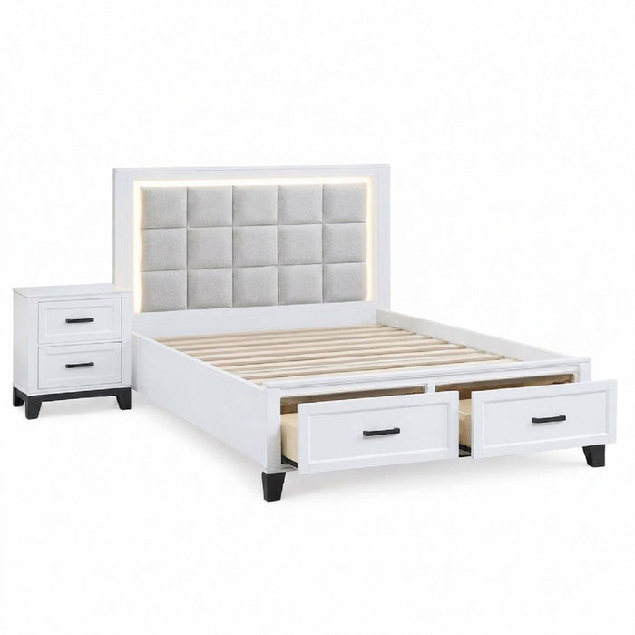 Bedroom Set, Bed With Drawers And Upholstered Headboard LED Lighting Home Essentials