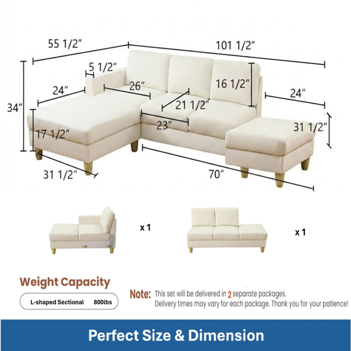 L - Shaped Sectional Sofa With Chaise & Ottoman Home Essentials