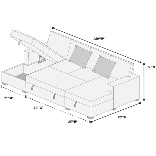 Convertible Sectional, Storage Chaises, Pull Out Middle Section - Chocolate Home Essentials