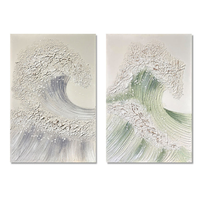 Ocean Wave Wall Art, Textured Canvas Painting With Accents (Set of 2) - Sage Green+Gold Daily Nest