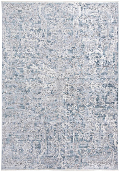 Abstract Distressed Area Rug With Fringe - Blue Gray And Silver - 8' X 10'