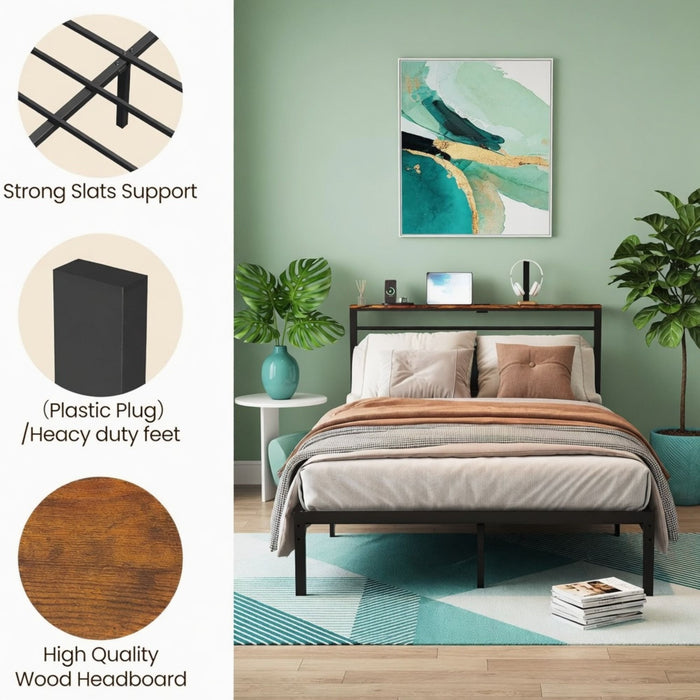 Platform Bed Frame With Charging Station & Headboard Shelves Home Essentials
