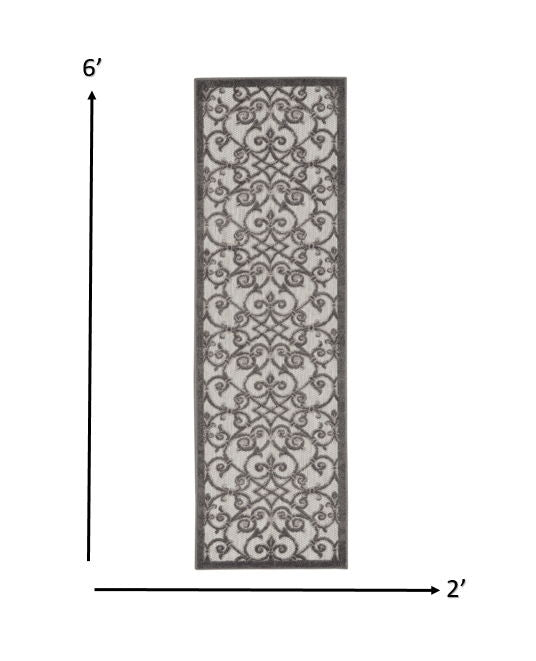 2' X 6' Floral Indoor / Outdoor Area Rug - Gray