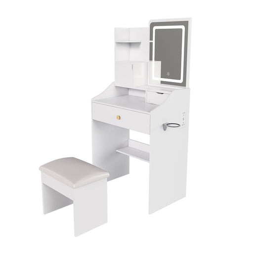 3 Color LED Vanity Mirror With Stool, Dressing Table For Bedroom, 2 Drawers & 5 Storage Cabinets (4 Open + 1 Hidden), Adjustable Lighting - White Home Essentials
