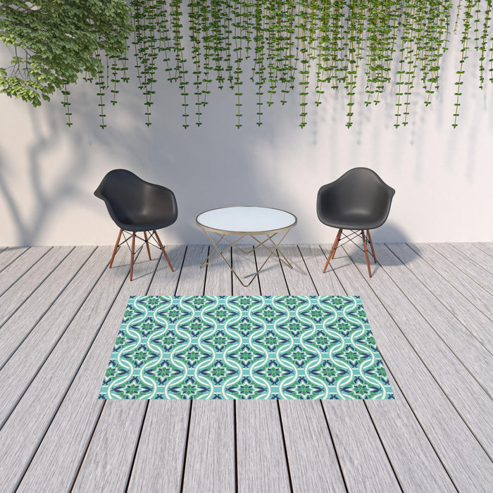 5' X 8' Geometric Stain Resistant Outdoor & Indoor Area Rug - Blue / Green