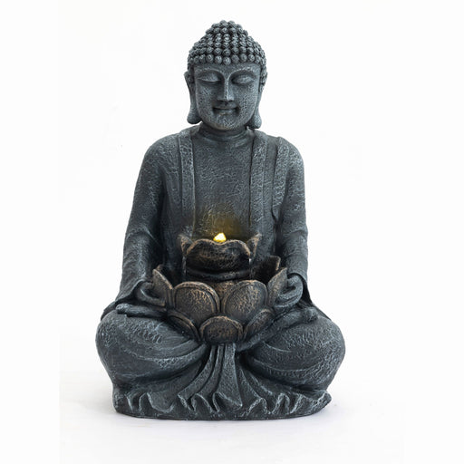 Zen - 2 Tier Meditating Buddha Water Fountain With Pump & LED Light - Gray Patioseek