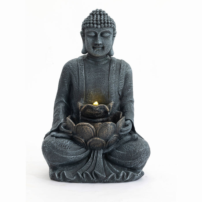 Zen - 2 Tier Meditating Buddha Water Fountain With Pump & LED Light - Gray Patioseek