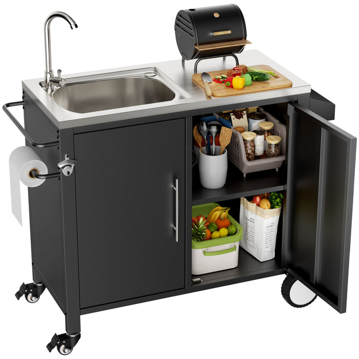 Outdoor Grill Table With Sink, Grill Cart With Sink And Cabinet With Wheels - Black / Silver Daily Nest