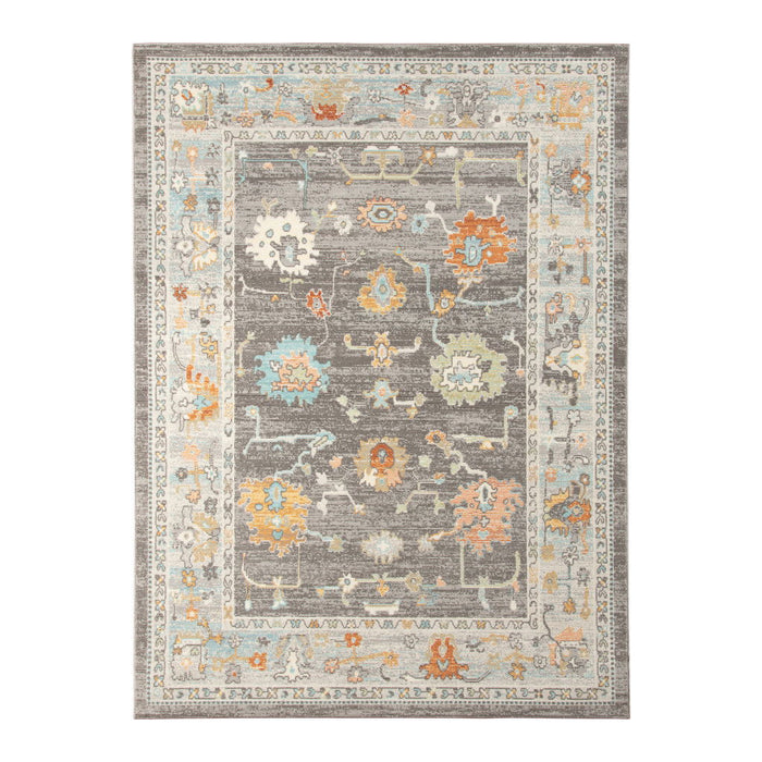 9' X 12' Floral Stain Resistant Indoor / Outdoor Area Rug - Gray / Orange