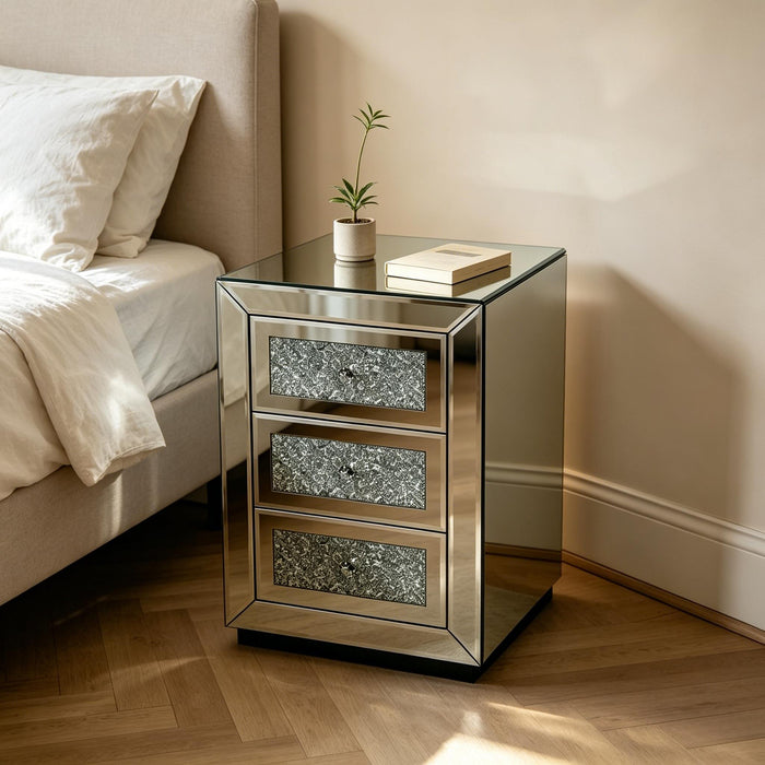 3 Drawer Nightstand With Glass Accents, Bedside Table For Bedroom - Silver Home Essentials