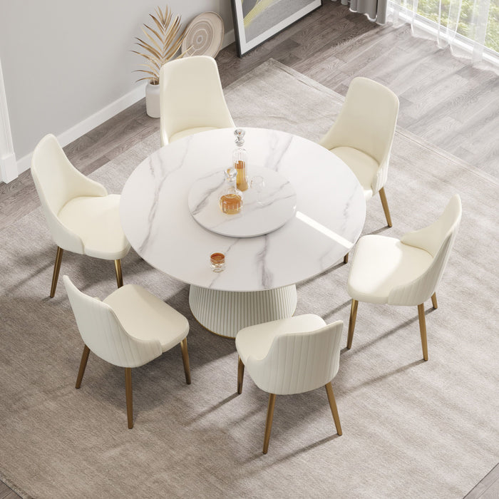 Modern Artificial Stone Round Plywood Base Dining Table, Can Accommodate 6 People, Artificial Stone Turntable (Not Including Chairs) - White / Beige