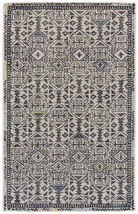 Geometric Tufted Handmade Area Rug - Gray Ivory And Black Wool - 4' X 6'