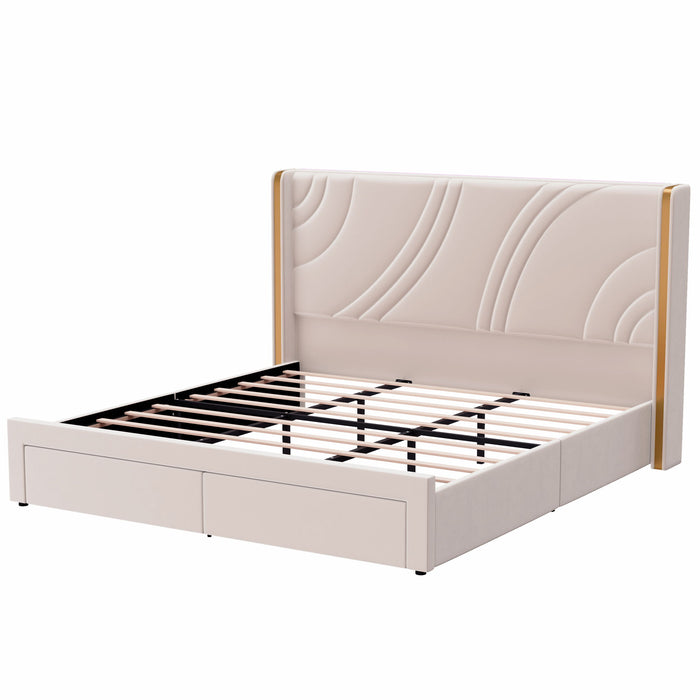 Modern Upholstered LED Bed Frame With Storage Drawers, Wingback Headboard, RGB Light