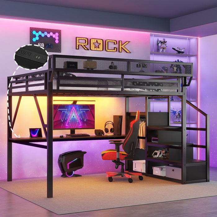 Queen Loft Bed With Desk And Charging Station Stairs And Light - Black Home Essentials