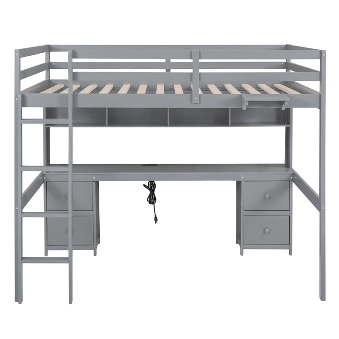 Loft Bed With Desk, Cabinets, Drawers, Charging Station And Bedside Tray