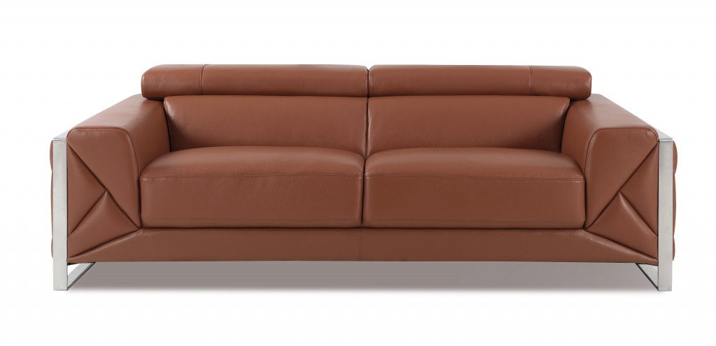 Italian Leather Sofa With Silver Legs - Camel