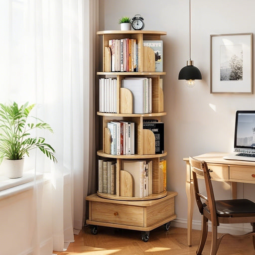Rotating Bookshelf With Wheels And Drawer, 360° Spinning Design, Space Saving Storage Home Essentials