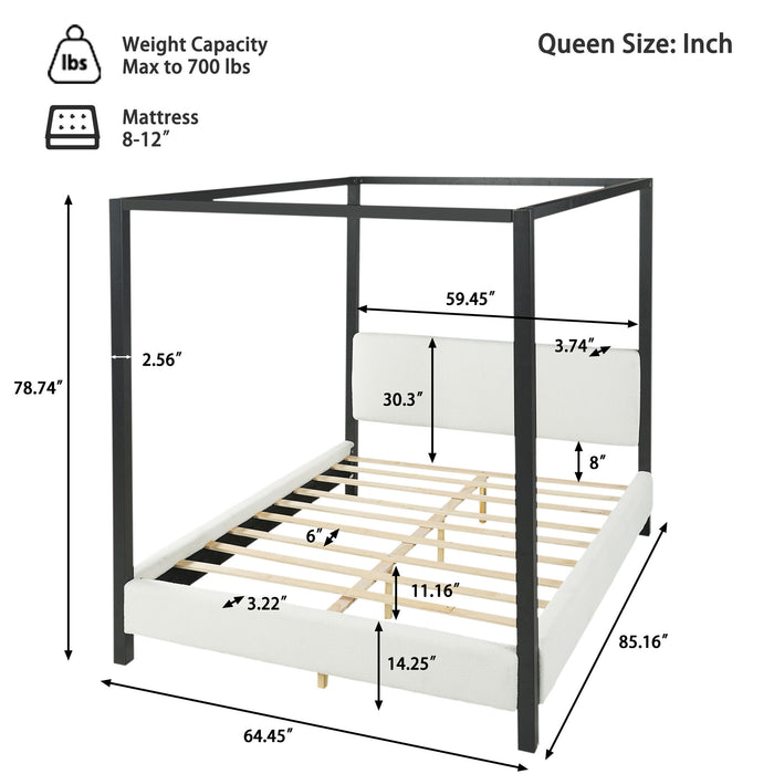 Queen Canopy Bed With Upholstery - White / Black Noble House
