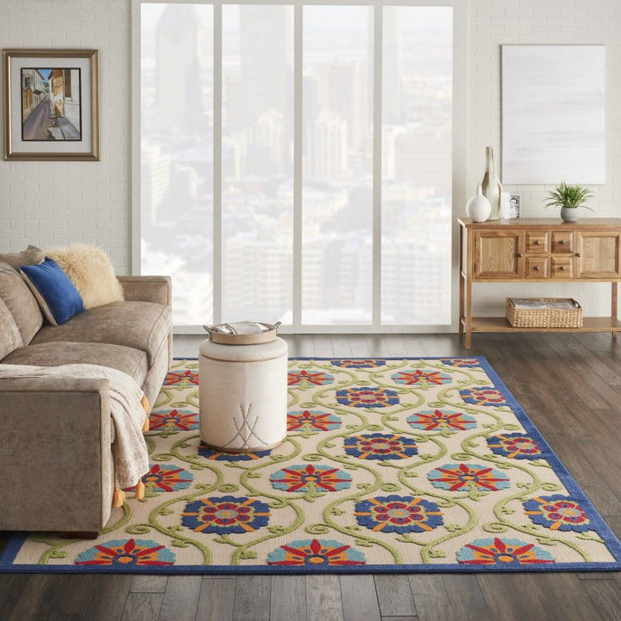 8' X 11' Floral Indoor / Outdoor Area Rug - Ivory / Blue