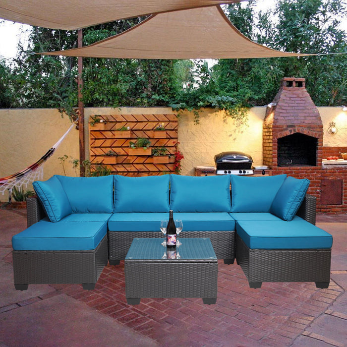 Outdoor Garden Patio Furniture 7 Piece PE Rattan Wicker Cushioned Sofa Sets And Coffee Table, Patio Furniture Set;Outdoor Couch;Outdoor Couch Patio Furniture;Outdoor Sofa;Patio Couch - Black / Blue / Light Blue