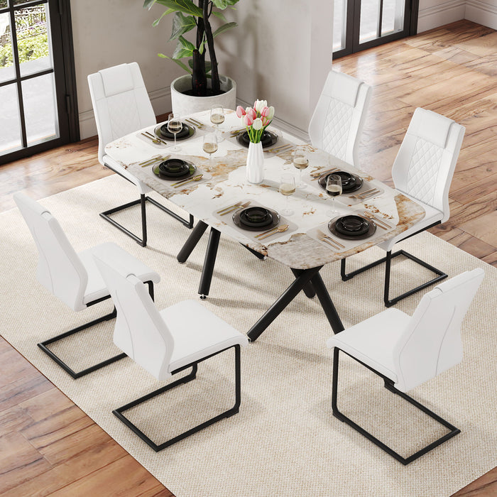 1 Table, 6 Chairs Set, A Rectangular Dining Table With A 0.39" Imitation Marble Tabletop And Black Metal Legs, Paired With 6 Chairs With PU Leather Seat Cushion And Black Metal Legs