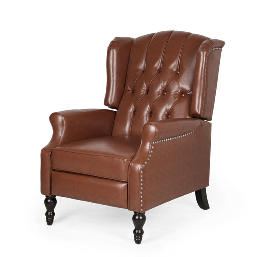 Upholstered Wingback Recliner With Nailhead Trim And Rolled Recessed Arms - Light Brown Noble House
