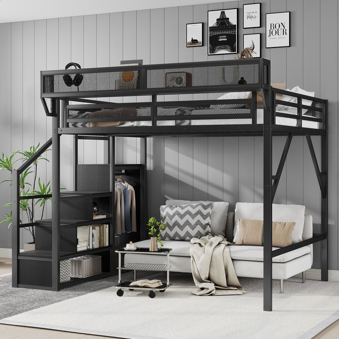 Queen Size Loft Bed With Stairs, Storage Shelves, Wardrobe - Black Home Essentials