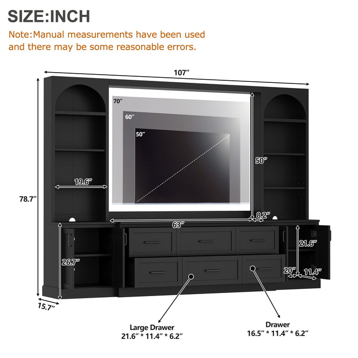 Arched Entertainment Center Wall Unit With 6 Drawers, Large TV Stand With Bookshelves Hearth and Haven