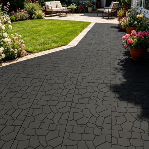 Stone Texture Patio Deck Tiles, Diy Interlocking Outdoor Floor Tiles (Set of 44) - Dark Grey Daily Nest