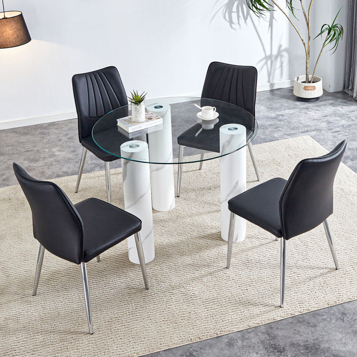 A Modern Minimalist Circular Dining Table Suitable For 6 - 8 People, A (Set of 4) Piece PU Leather Backrest And Silver Metal Legs Modern Dining Chairs - MDF / Glass
