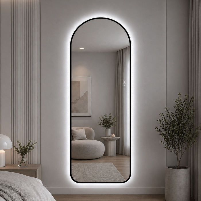 65" X 24" Arched LED Full Length Mirror With Frame, 3 Color Temperatures & Stepless Dimming - Black Daily Nest