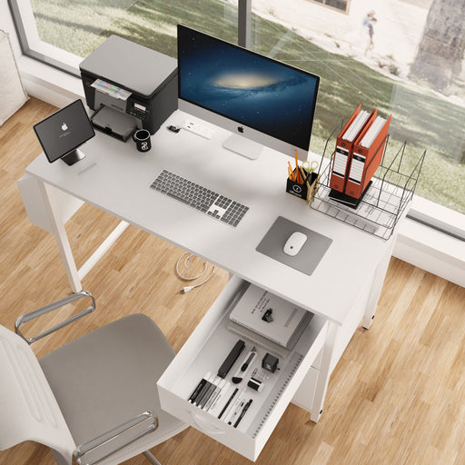 Office Desk With Power Outlet, 3 Drawers And Side Pocket For Office - White Daily Nest