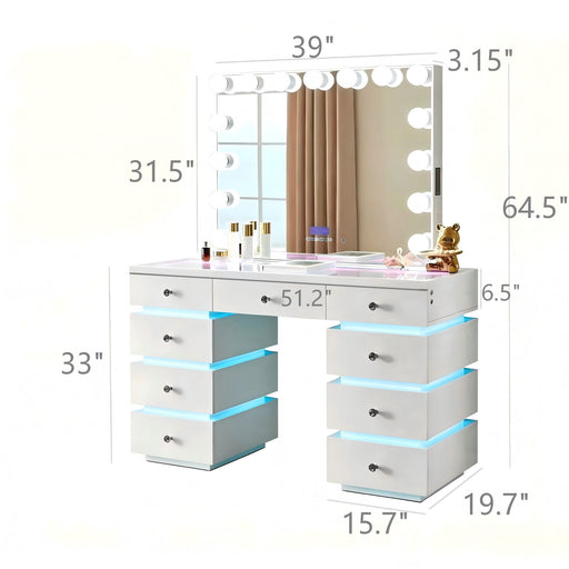 LED Lighted Makeup Vanity Desk With 15 Bulbs Mirror, RGB Light Drawers, 9 Drawers Dressing Table For Bedroom - Gloss White Home Essentials