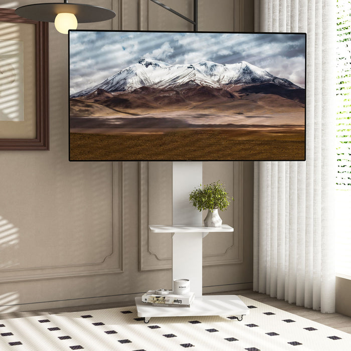 Mobile TV Stand With Shelf Floor Mount Cart For TVs With Lockable Wheels Ideal For Living Room Bedroom Or Office - White Home Essentials
