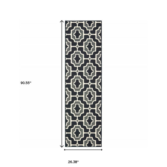 2' X 8' Geometric Stain Resistant Indoor / Outdoor Area Rug - Black / Gray