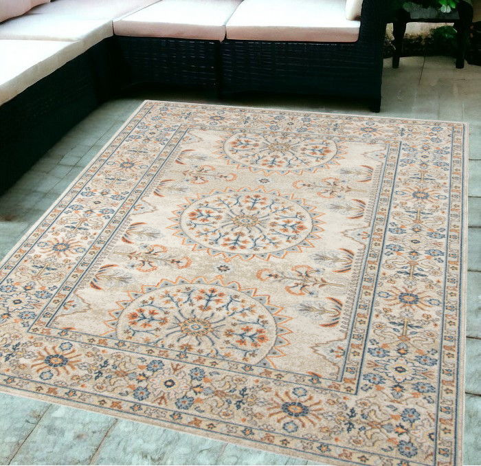 5' X 7' Medallion Stain Resistant Indoor / Outdoor Area Rug - Blue / Orange