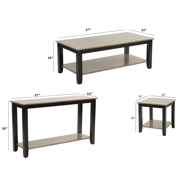 3 Piece Table Set With Open Shelf Storage, Includes Coffee, End & Console Table - Black / Black / Gray / Gray Home Essentials